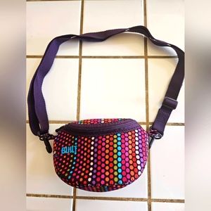 "BUILT" CAMERA CASE, RAINBOW DOT with PURPLE adjustable/removable strap LARGE